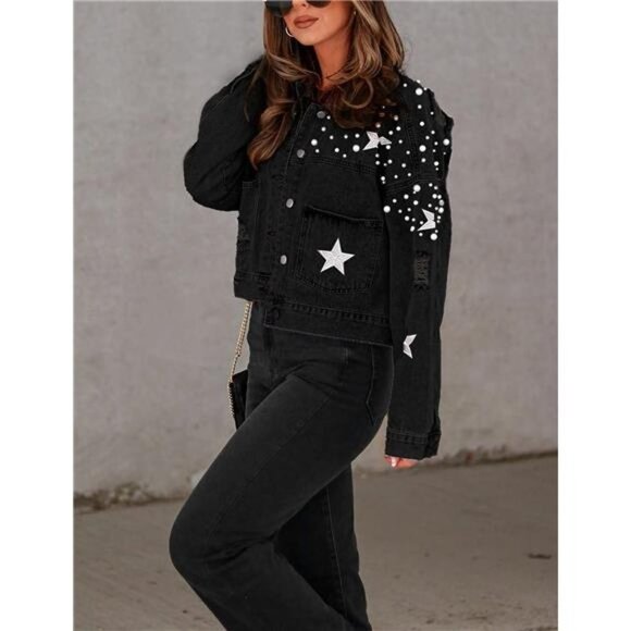Black Embroidered Oversized Distressed‎ Pearl Beaded Crop Denim Jean Jacket Coat - Picture 6 of 9